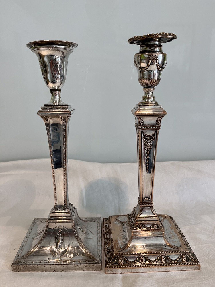 2 Early 19thc Antique Silver Plated Classical Themed Candlesticks