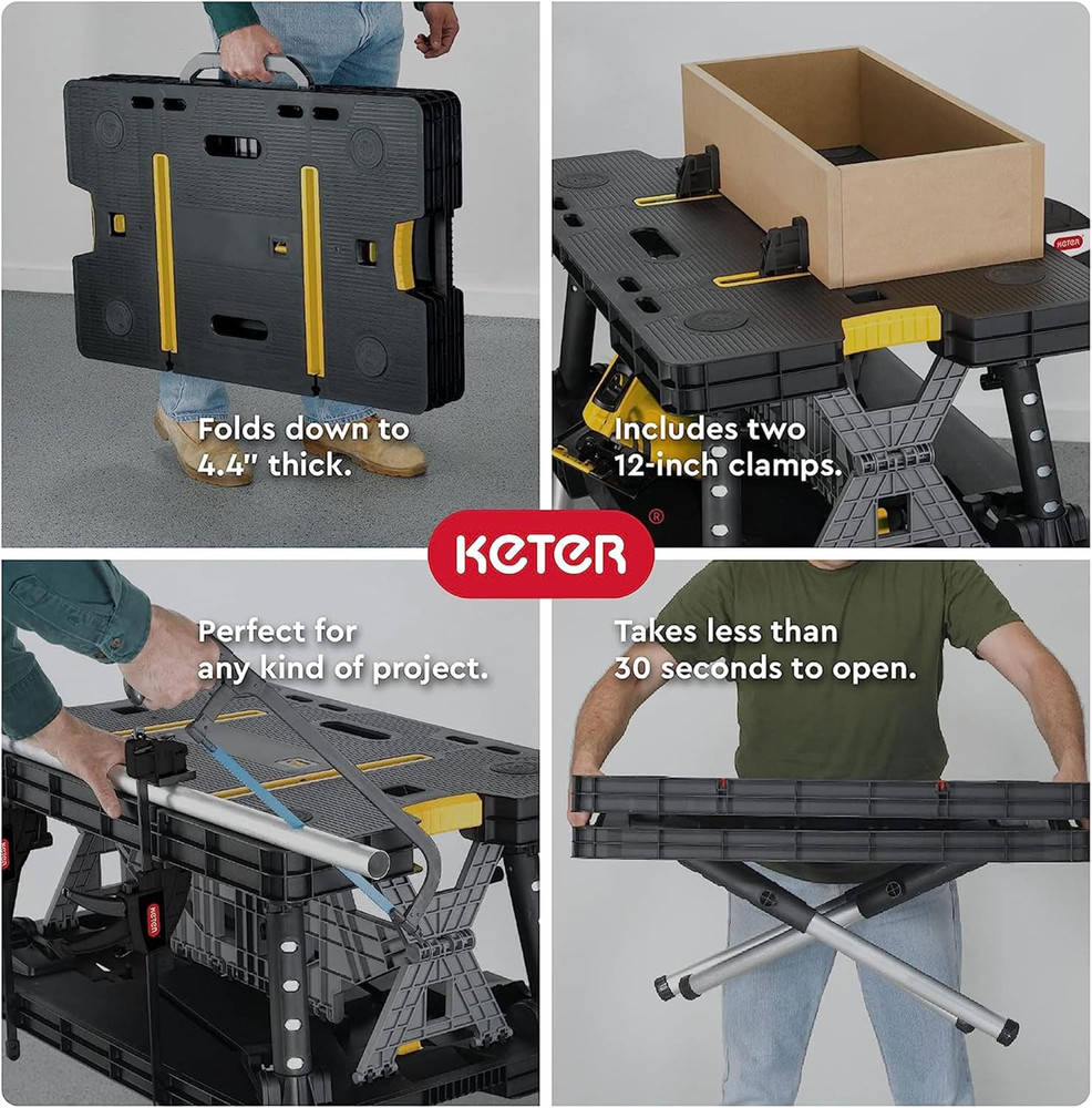 Keter Heavy-Duty Folding Workbench with 1,000 Pound Capacity - Foldable Work Tab