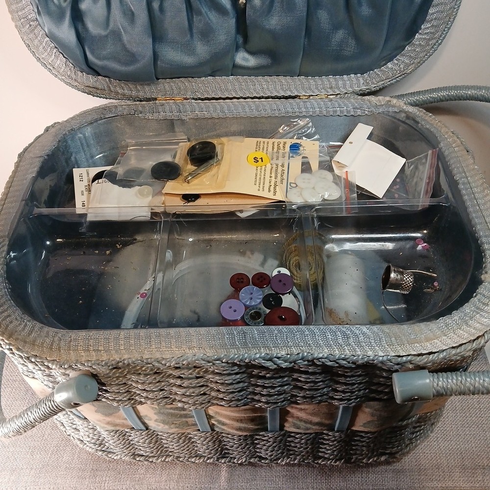 Vintage Woven Wicker Sewing Basket With Accessories.