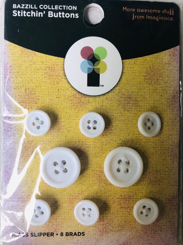 Imaginisce 8 White Button Brads Two Sizes- NEW