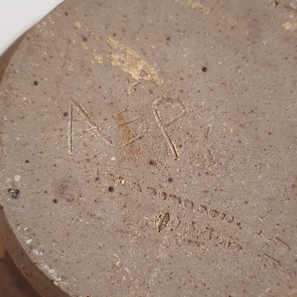 Vintage MCM Earthenware Covered Jar Ash Glaze Threaded 6.5"H Signed