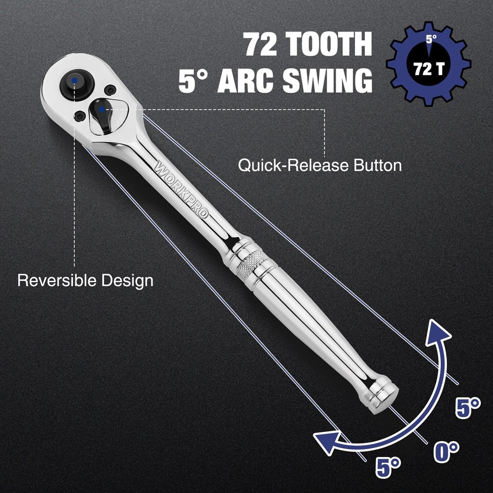 WORKPRO 3PC Ratchet Set Quick Release Reversible 72-Tooth 1/4" 3/8" 1/2" Drive