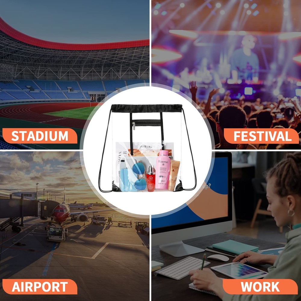 2 PACK Clear Drawstring Bag Stadium Approved, See Through PVC One Size, Black