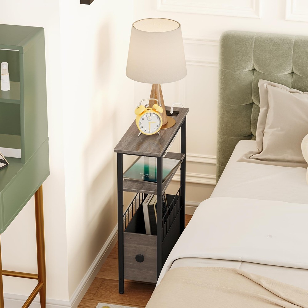 Snughome Narrow Side Table with Charging Station, Slim End Table for Small Sp...