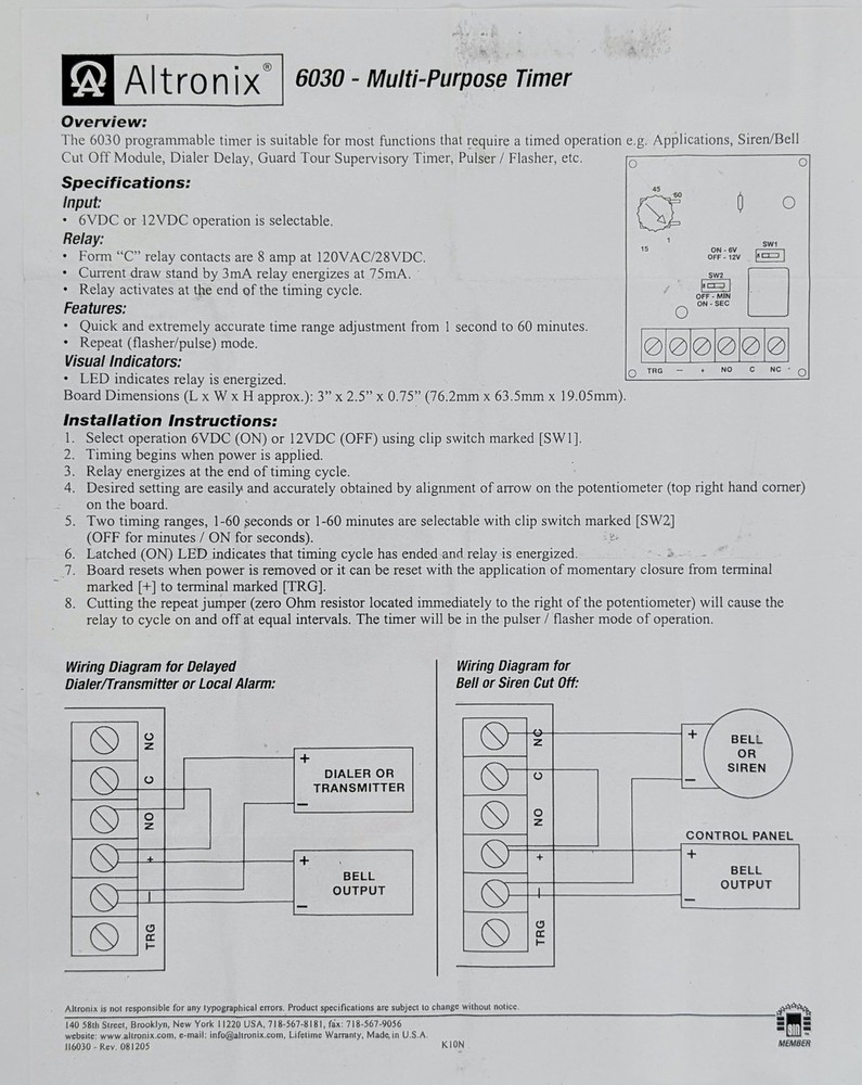 Altronix 6030 Multi-Purpose Timer Module 6VDC/12VDC Security & Access Control