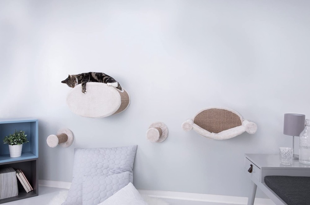 4pc Cat Tree Wall Mount Set Plush Condo Hammock Steps Space Saving Design