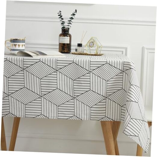 Rectangle Tablecloth, Cotton Linen Geometric 108" x 52" (Rectangular) White