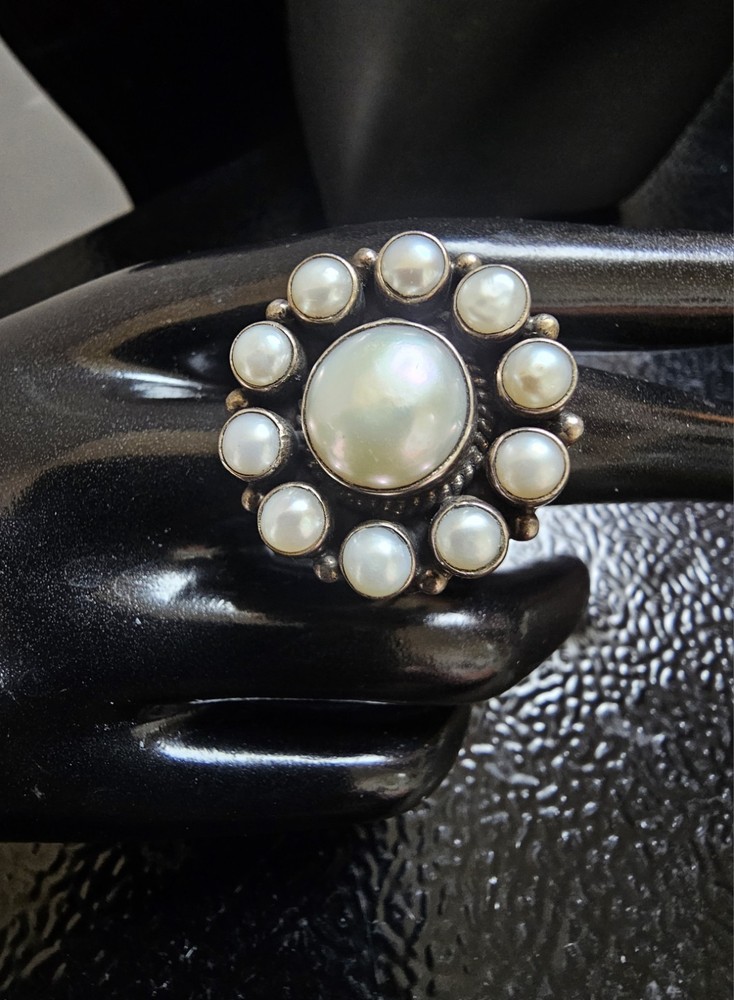Dan Dodson Sterling Silver Mabe Pearl Halo Statement Ring Adjustable Signed...