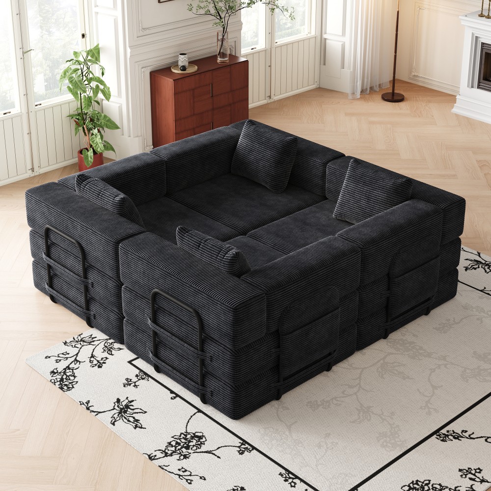4-Seat Foldable Sofa Bed w/ Storage Pockets & Cushions, Black Fabric
