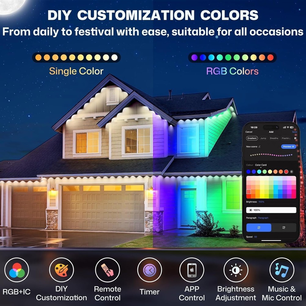 Permanent Outdoor Lights, 100ft Smart Eave Light with 72 LED Lights, IP67 Wat...