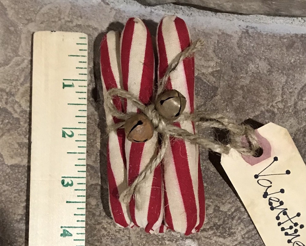 Five Primitive Rustic Red & White Valentine Peppermint Sticks-Rusty Bells