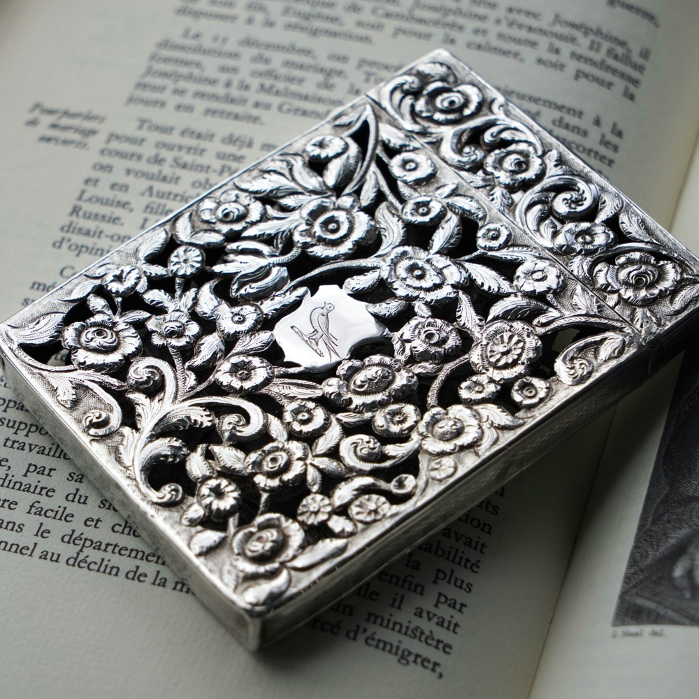 Antique Victorian Solid Silver Card Case Pierced Flowers - Francis Clark 1839