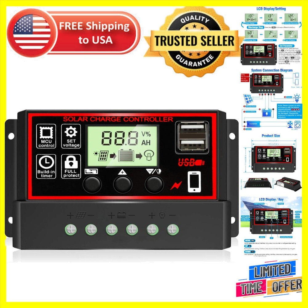 30A PWM Solar Charge Controller with Dual USB & LCD Display for 12V/24V Systems