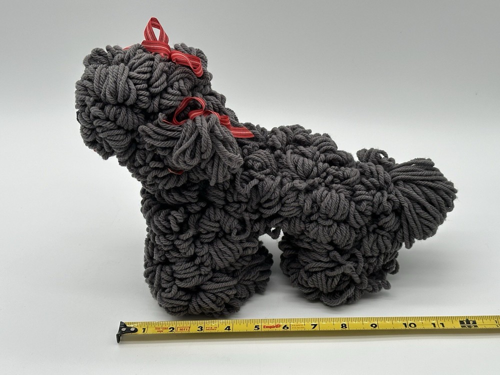 Handmade Gray Yarn Dog With Red Ribbons