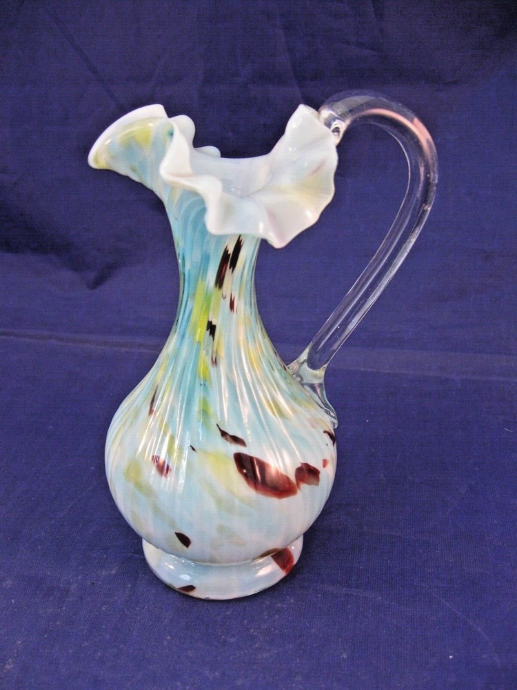 SMALL ANTIQUE HANDBLOWN CASED GLASS PITCHER W APPLIED CLEAR HANDLE