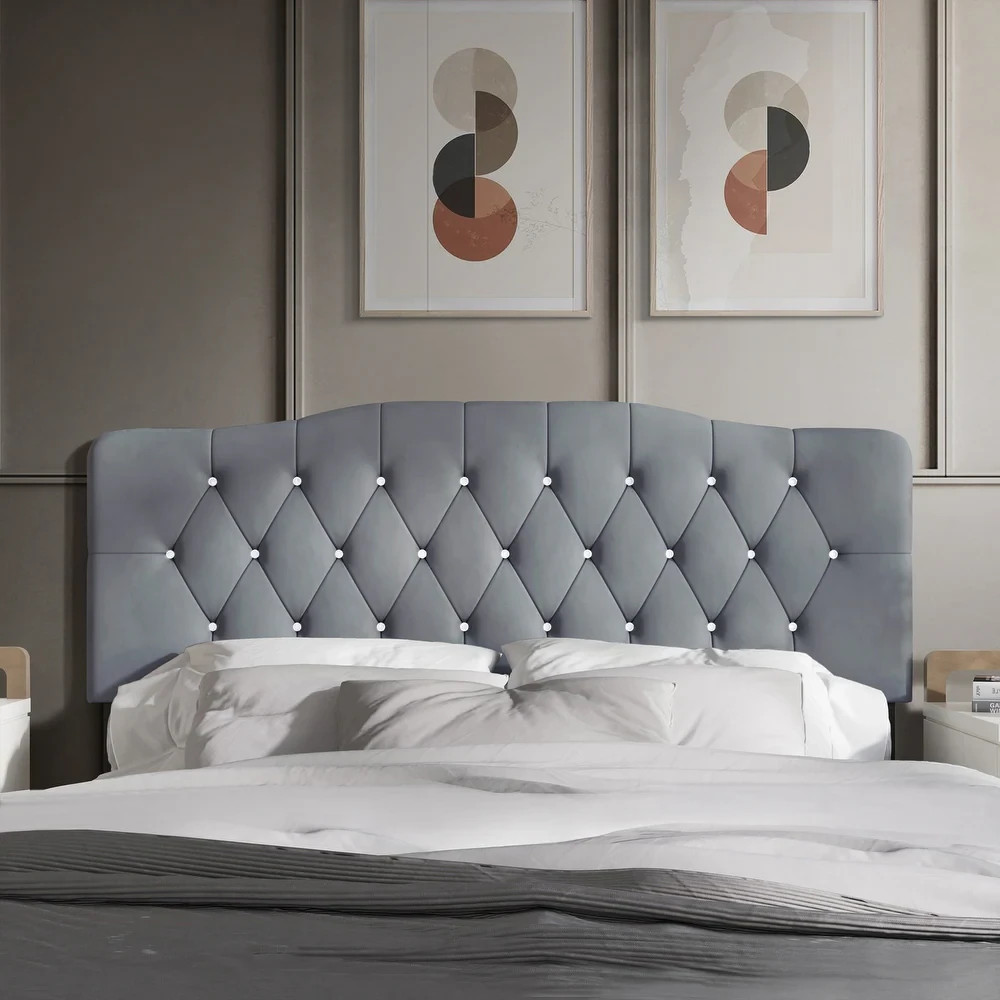 Upholstered King Size Headboard Only Gray Adjustable Hgt Diamond Button Tufted