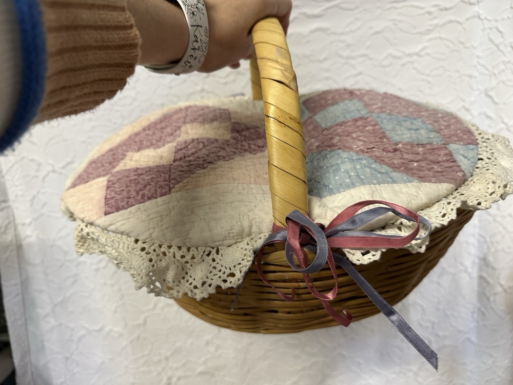 Vintage Handmade Quilted Sewing Basket Wicker Handle Patchwork Lid Cottagecore