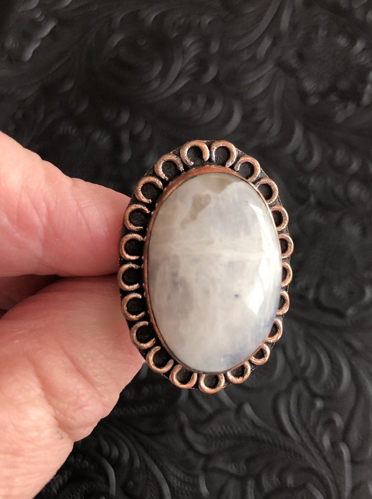 White Iridescent Moonstone Oval Ring Size 8 Artisan Made Copper Ring