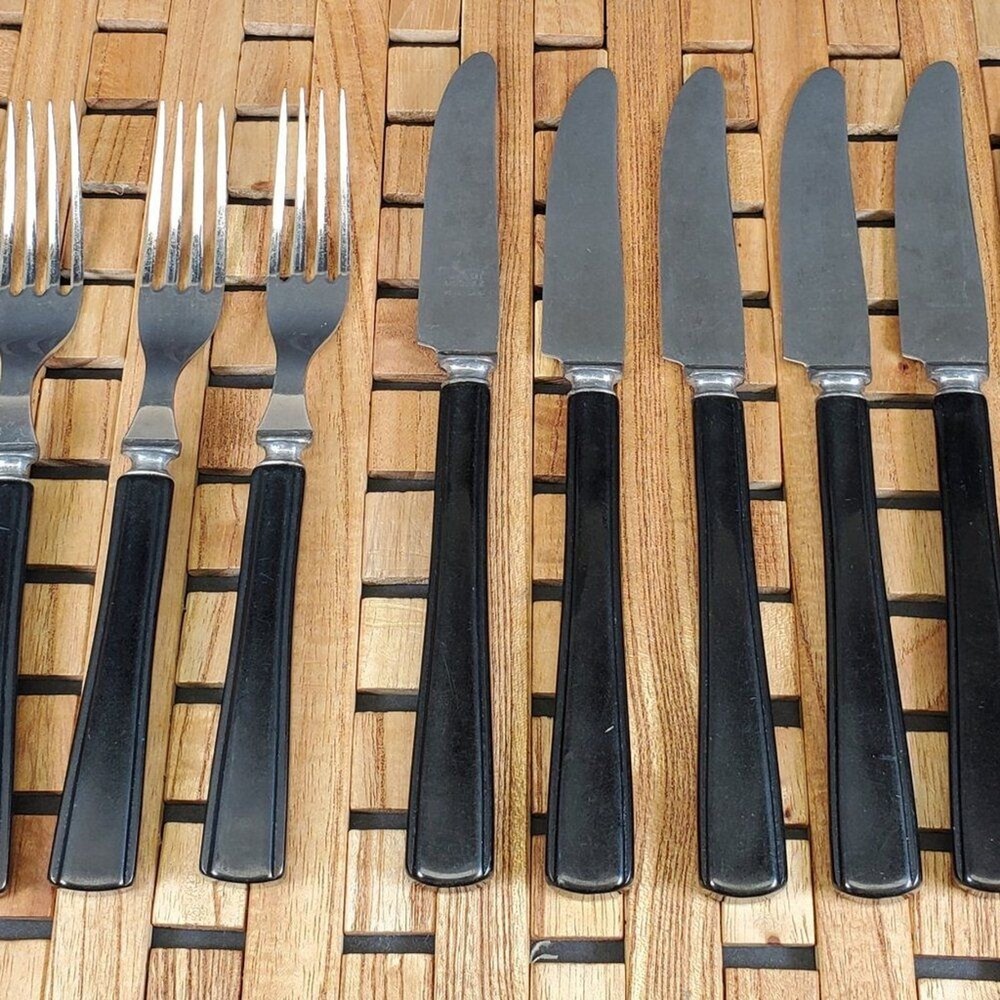 Vintage Bakelite-Handled Flatware Set – Elegant MCM Stainless Steel Black Handle