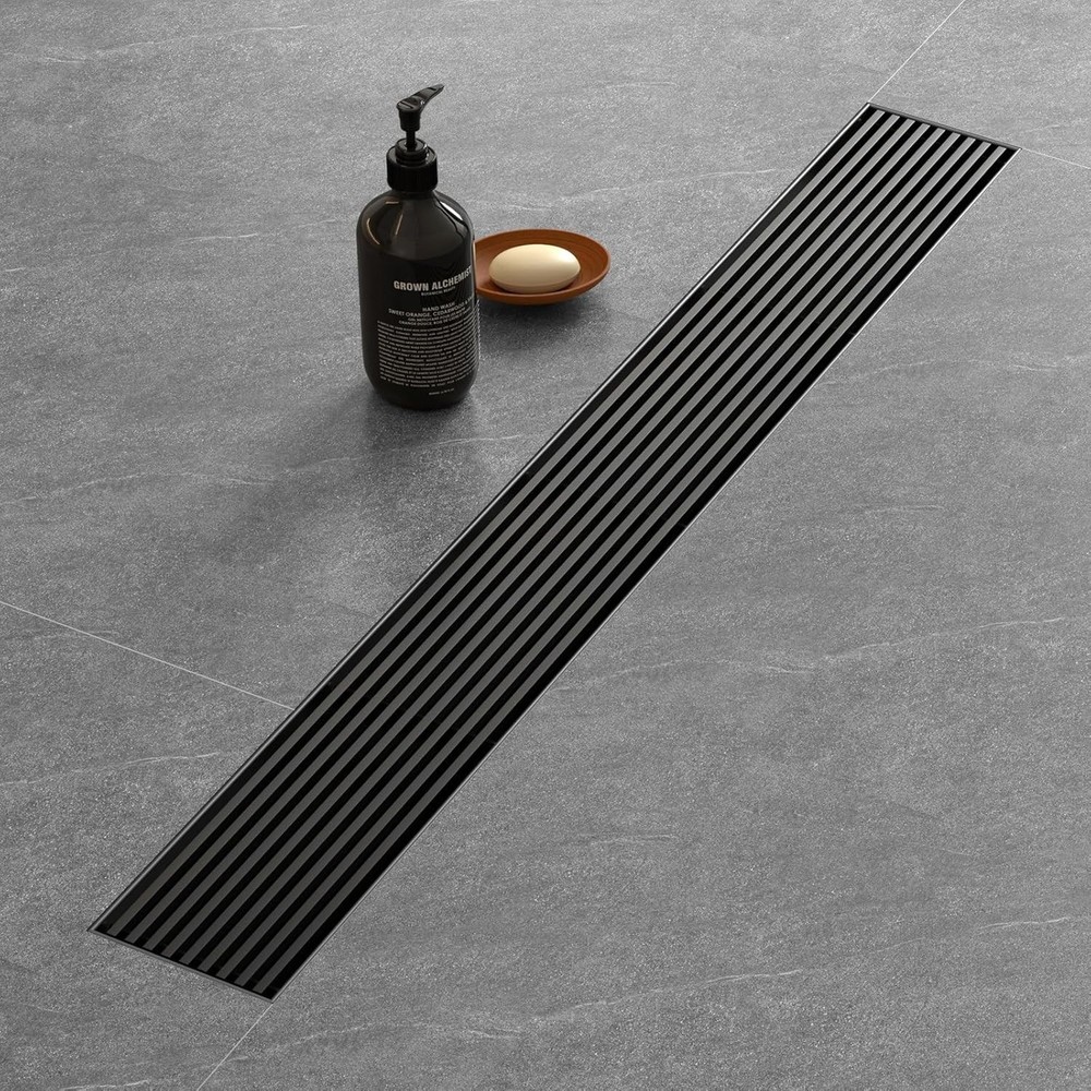 Matte Black 32 Inch Linear Shower Drain with Removable Wedge Wire Pattern Grate