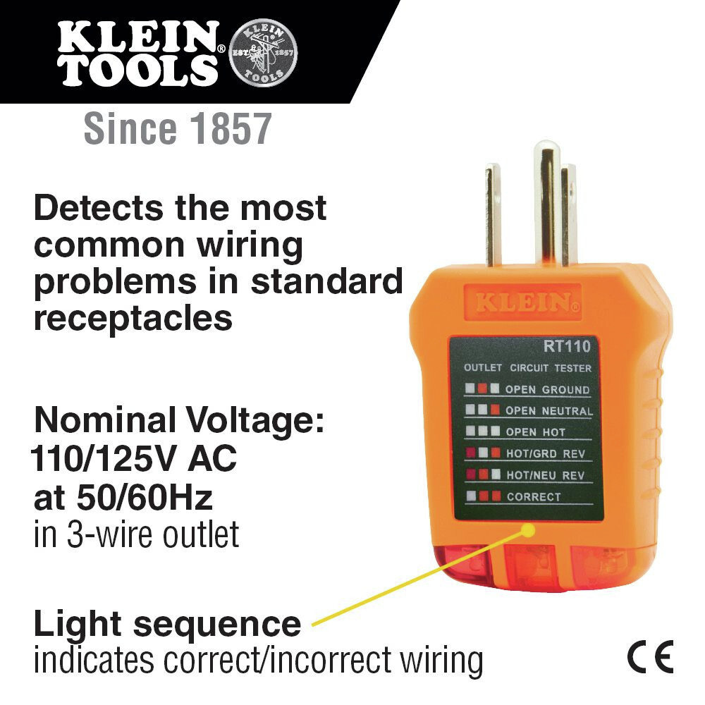 Klein Tools RT110 AC Electrical Receptacle Outlet Tester New