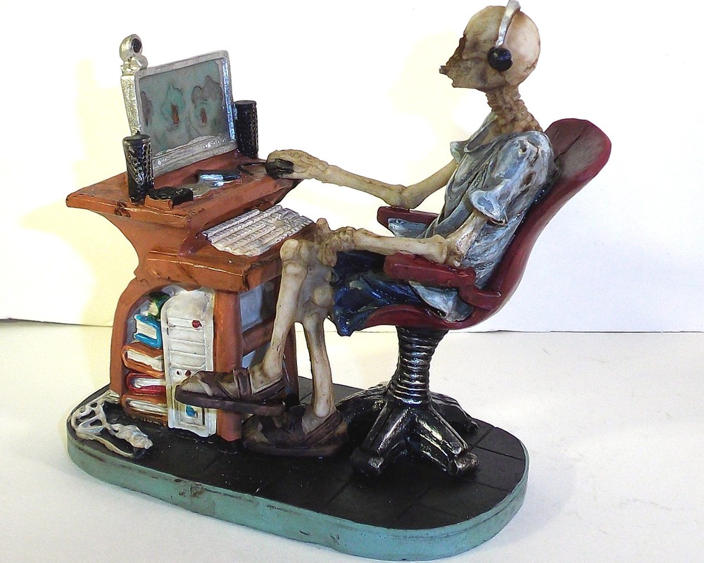 Skeleton at Desk / Computer Table Skull Figurine Statue Skeleton Halloween
