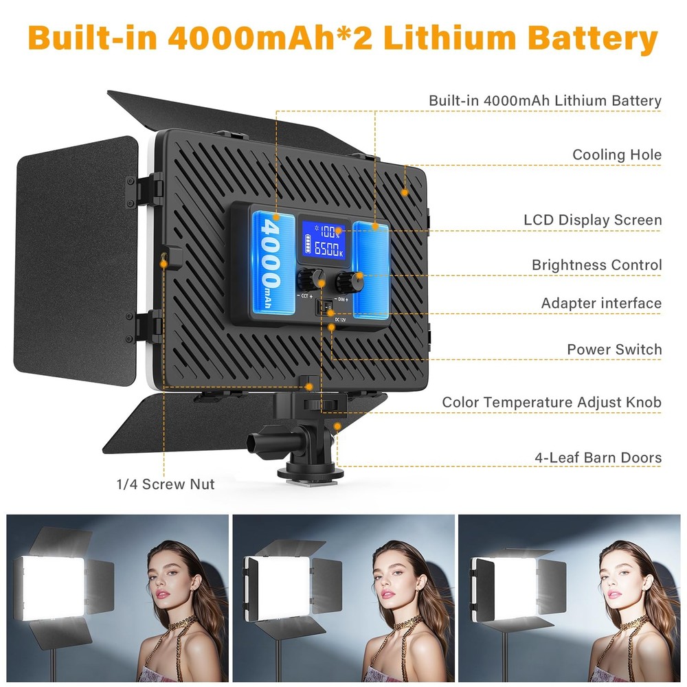 2 Pack Led Video Light Panel Light with Barndoor, 8000mAh Rechargeable Camera...