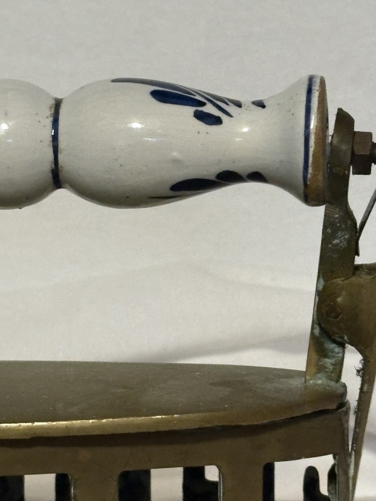 Antique Solid Brass Coal Iron Pottery Handle Dutch Delft White And Blue Handle