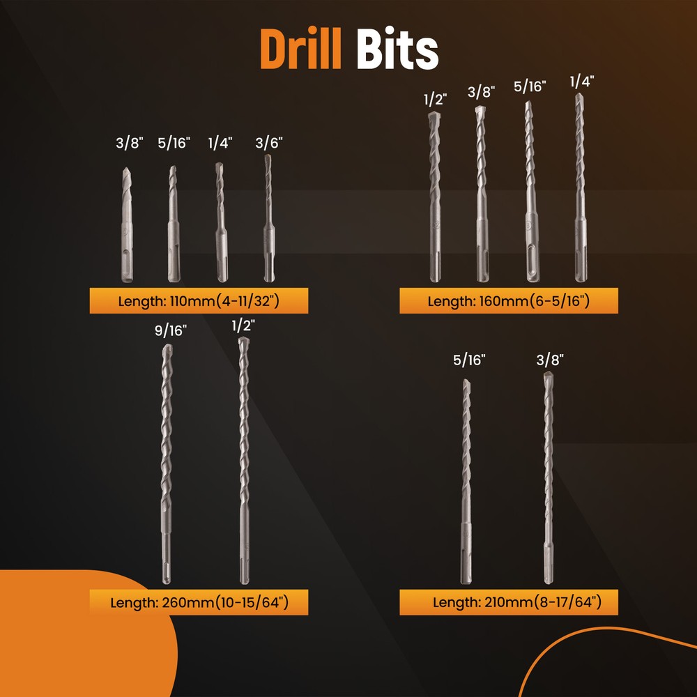 17x Rotary Hammer Bits Drill Bit & Chisel Set for SDS Plus Drills