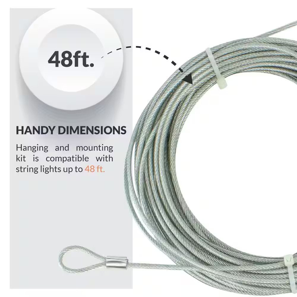 48 Ft. String Light Hanging, Mounting Kit, Wire, Mounting Hooks