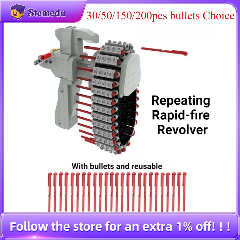MOC Repeating Revolver Building Blocks Model Rapid-fire Launcher with Bullet Toy