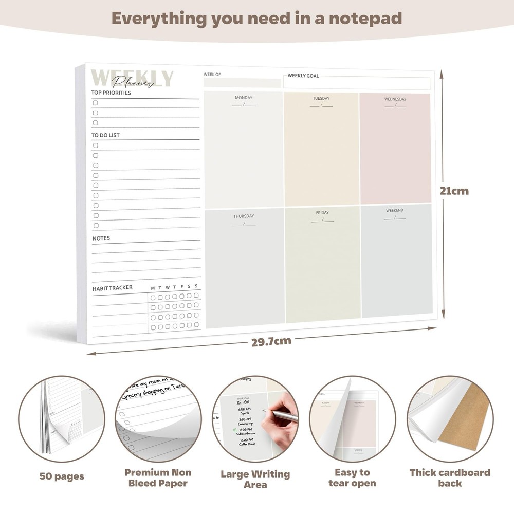 Weekly Planner Notepad Undated - 50 Sheets Weekly To Do List Notepad (8.3"x11...