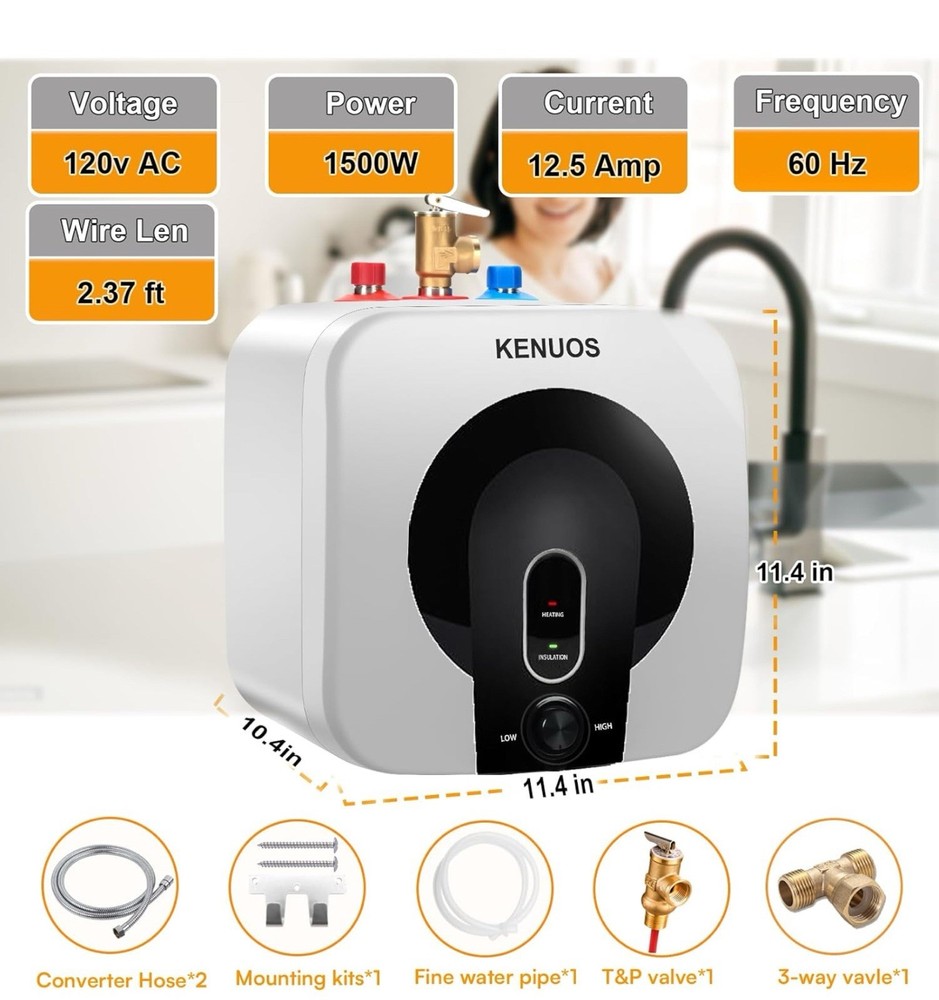Electric Mini-Tank Water Heater - 2.7 Gallon Small Under Sink Instant Hot Water