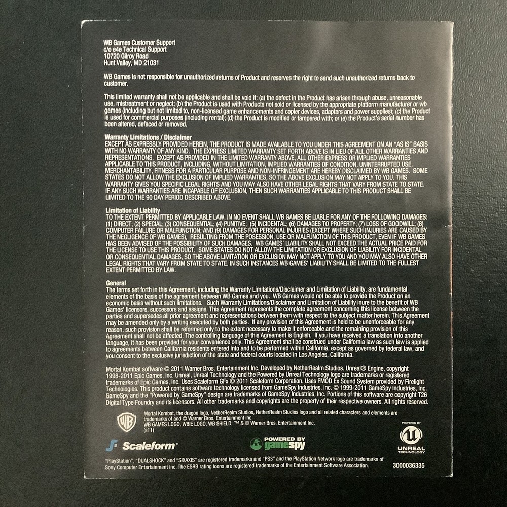 Mortal Kombat PS3 PlayStation 3 Instruction Manual Only