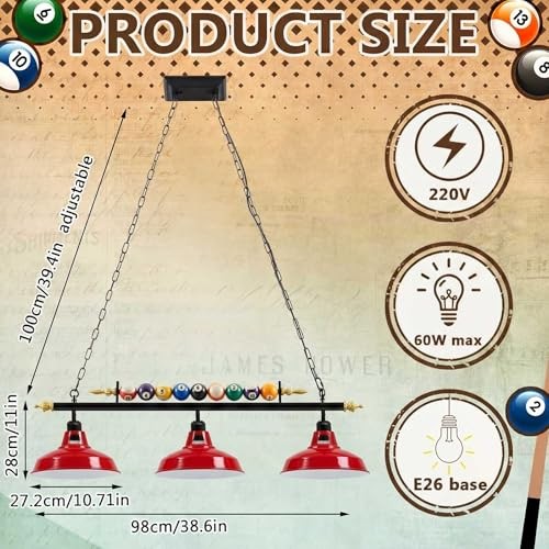 Adjustable Pool Table Lights for 7'-8' Billiard Light Bright Red 3 Lights