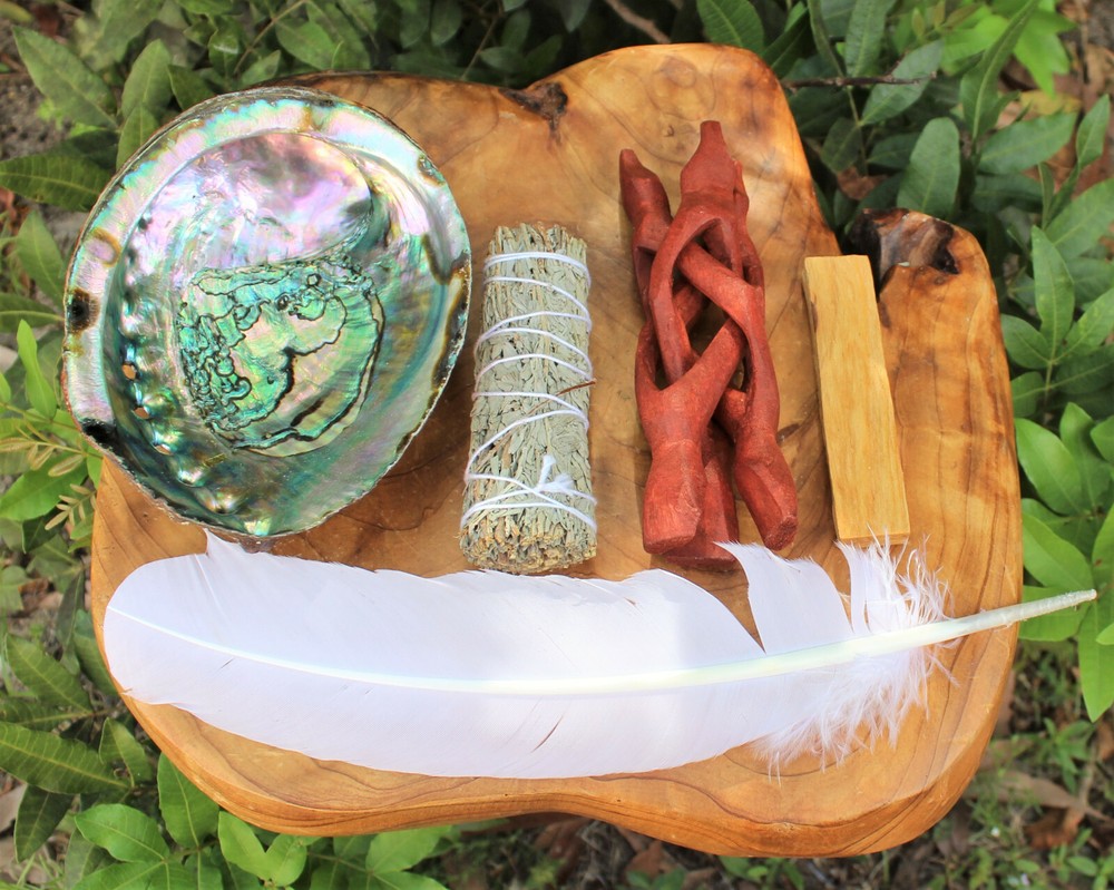 Smudge Kit: Large Abalone Shell + Stand + Palo Santo + Blue Sage + Feather!