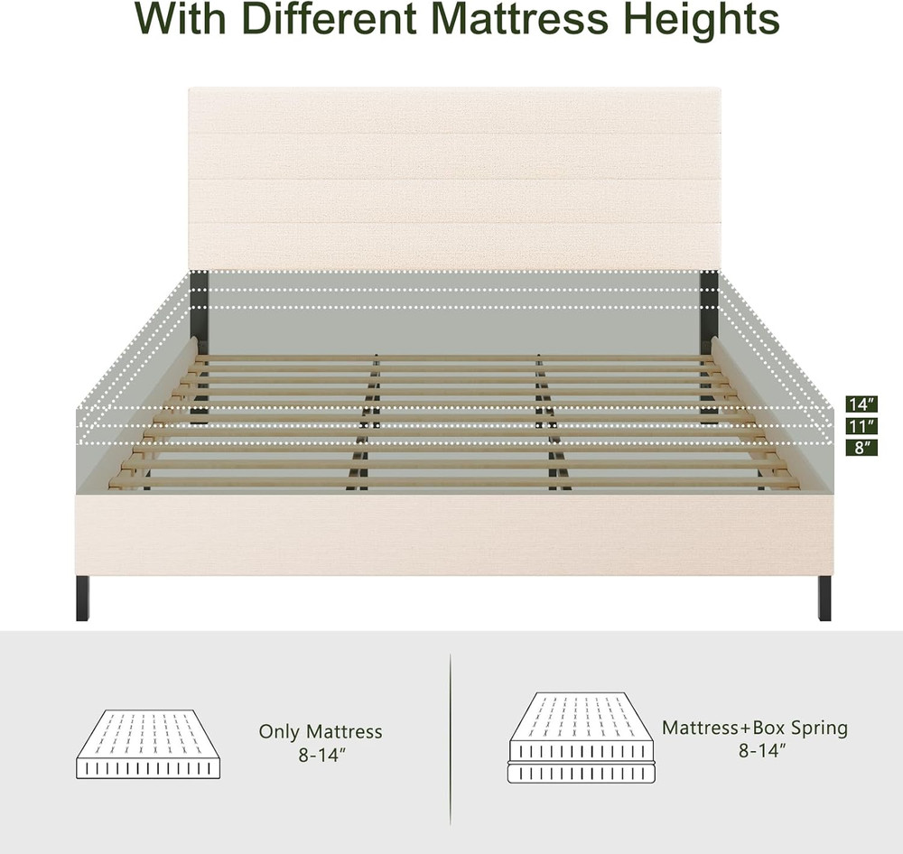 King Size Bed Frame, Modern Upholstered Bed Frame King with Adjustable Linen Hea
