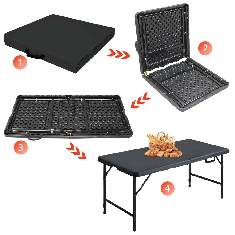 Portable 4Ft Adjustable Height Plastic Folding Table, Heavy Duty Fold-in-Half...