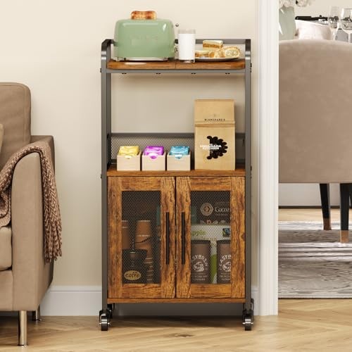 Small Coffee Bar Cabinet with Storage, 3-Tier Rolling Coffee Bar Table, Medium
