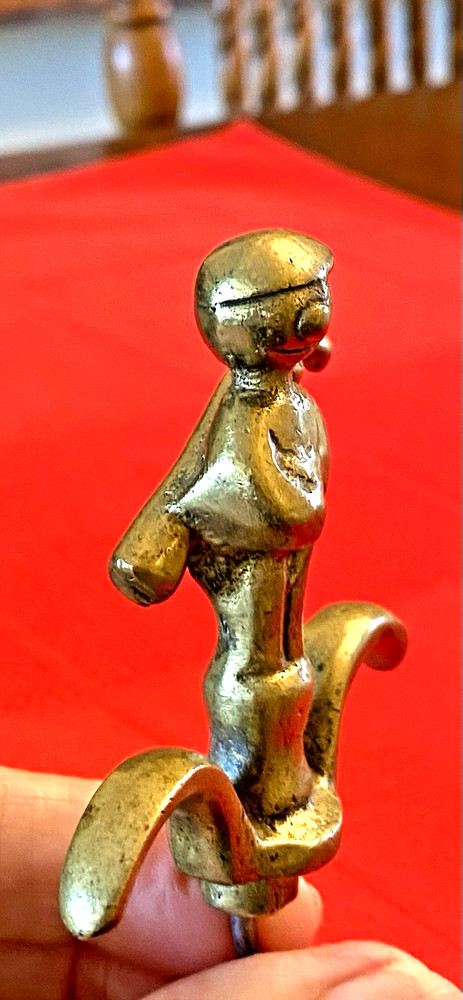 Vintage Solid Brass BOY w UMBRELLA Figural 4-D CORKSCREW 2 Finger Pull, Austria?