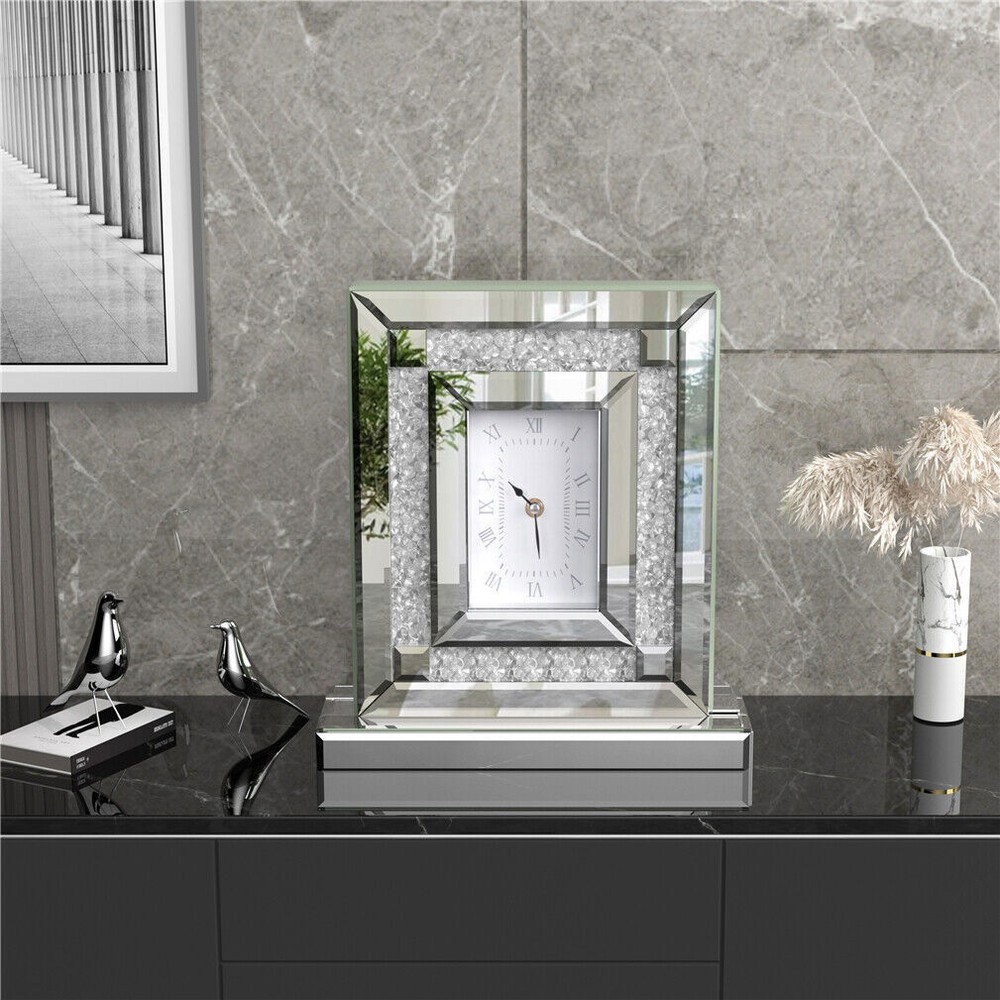 Silver Crushed Diamond Clock Mirrored Table Desk Clock fr Home Office Decorative