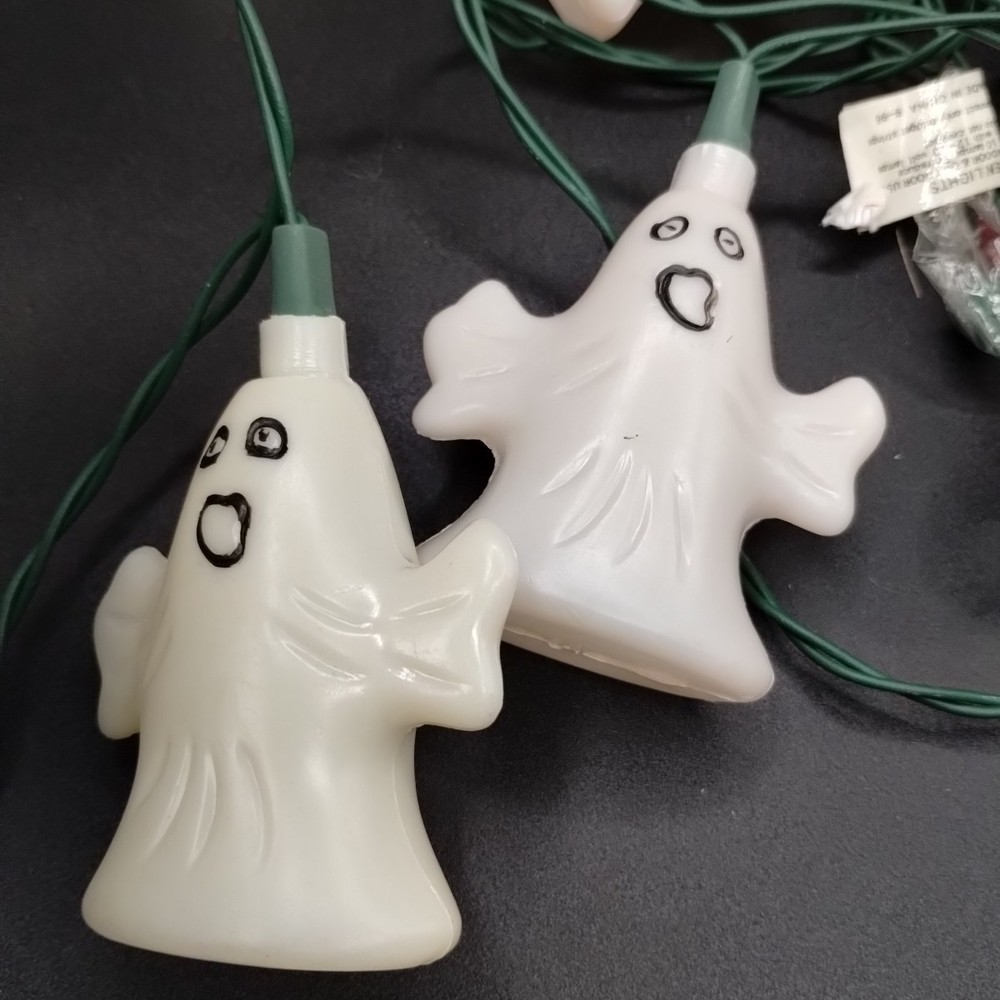 Vtg Halloween Plastic Ghosts String Light Set With Box Double Sided