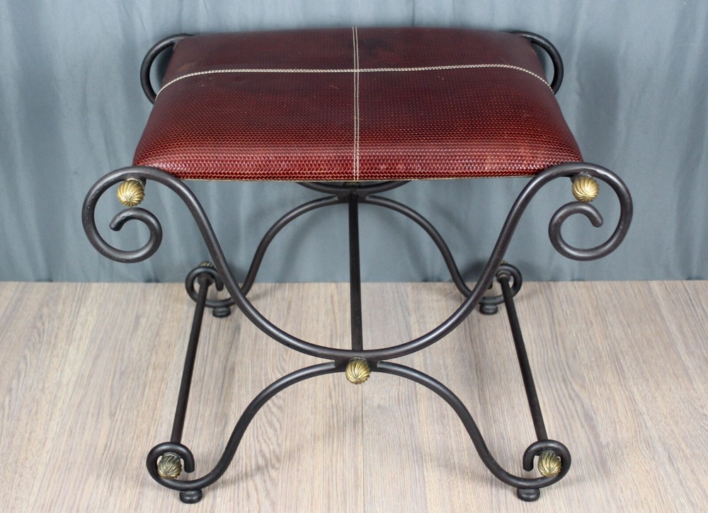Wrought Iron, brass & leather Curule bench, Spanish Revival, Campaign style