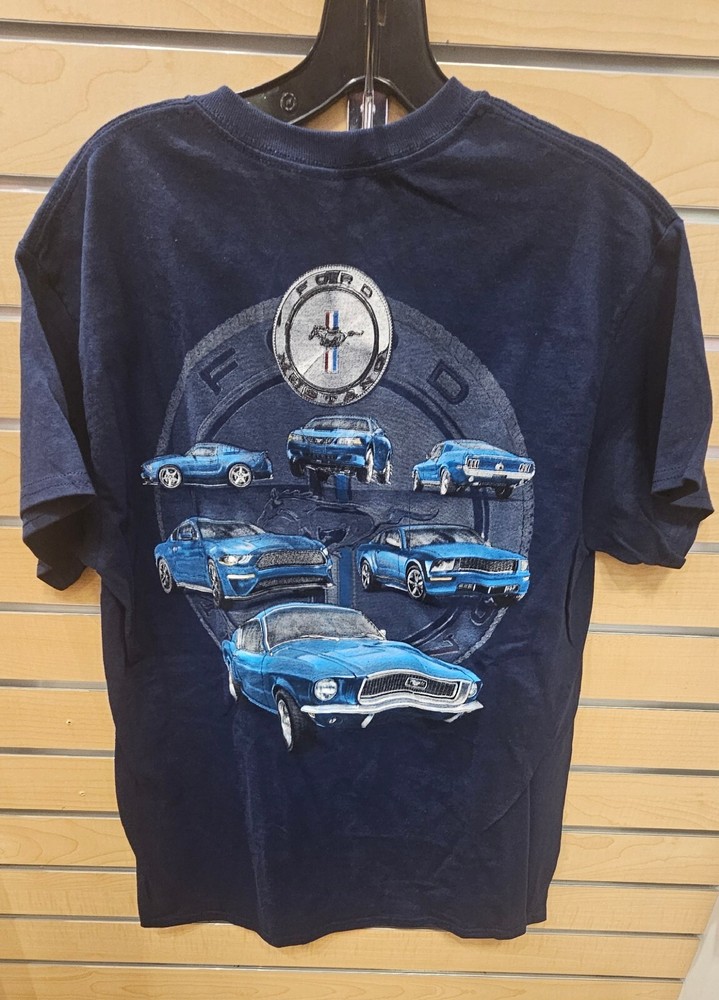 Nice looking Navy Blue shirt, circle of various blue MUSTANGS, size Medium