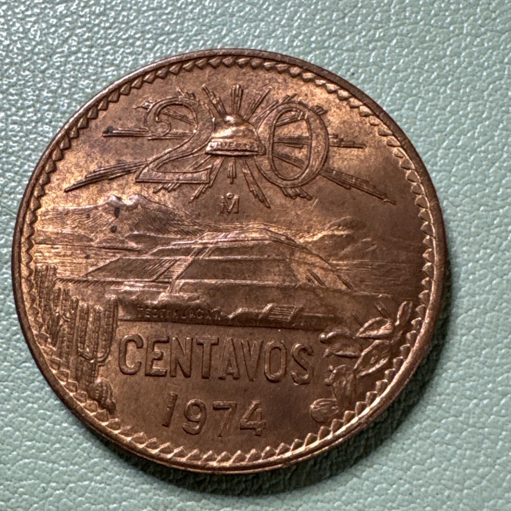 1974 MEXICO 20 CENTAVOS BRILLIANT UNCIRCULATED RED RD