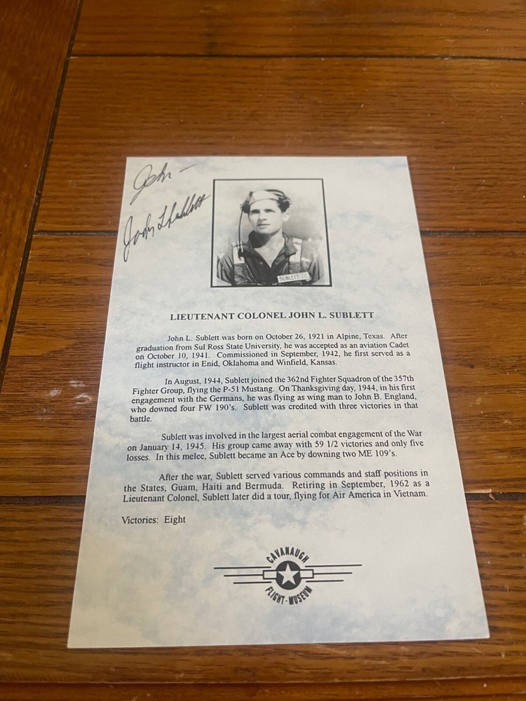 Vintage Cavanaugh Flight Museum Program Signed LT COLONEL JOHN L SUBLETT