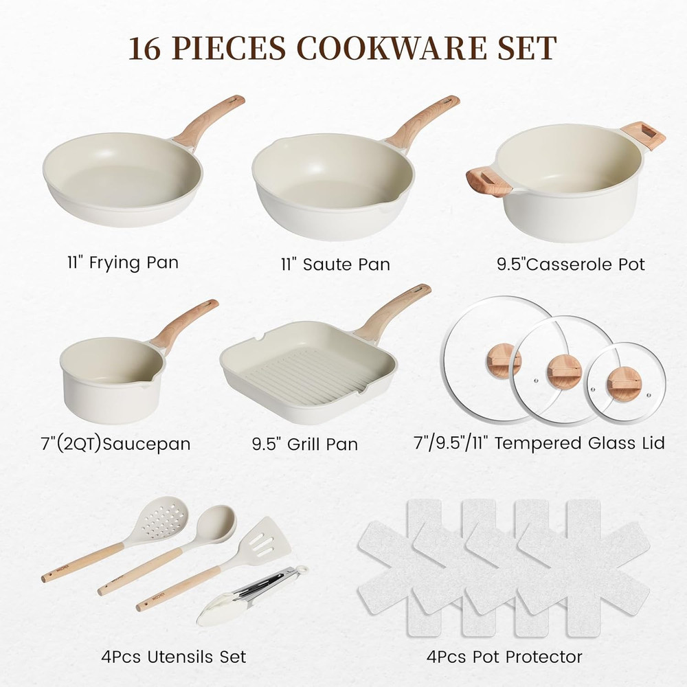 16-Piece Nonstick Ceramic Cookware Set - Healthy Induction Kitchen Set