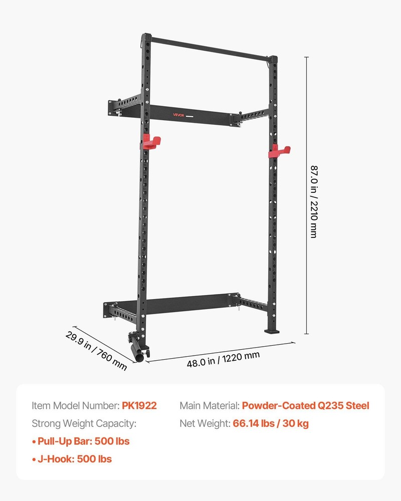 Adjustable Folding Power Rack: 1000lb, J-Hooks, Pull-Up Bar, Landmine Kit