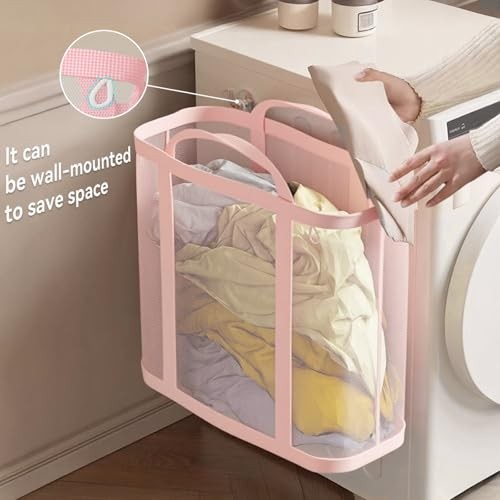 Collapsible Laundry Caddy (11 Gallon), Mesh Laundry Tote, Foldable Clothes Pink
