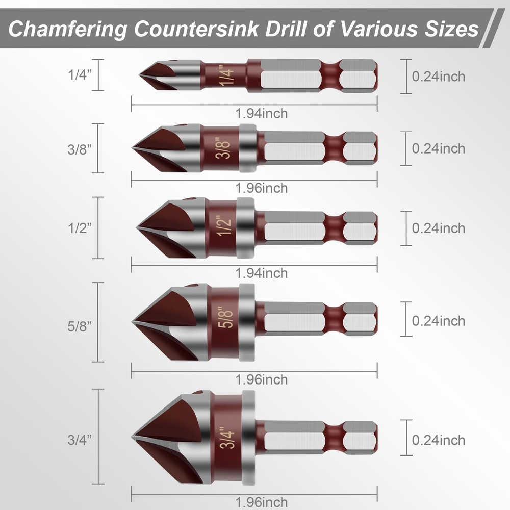 5PCS Countersink Drill Bit Set, 82 Degree HSS Counter Sink for...